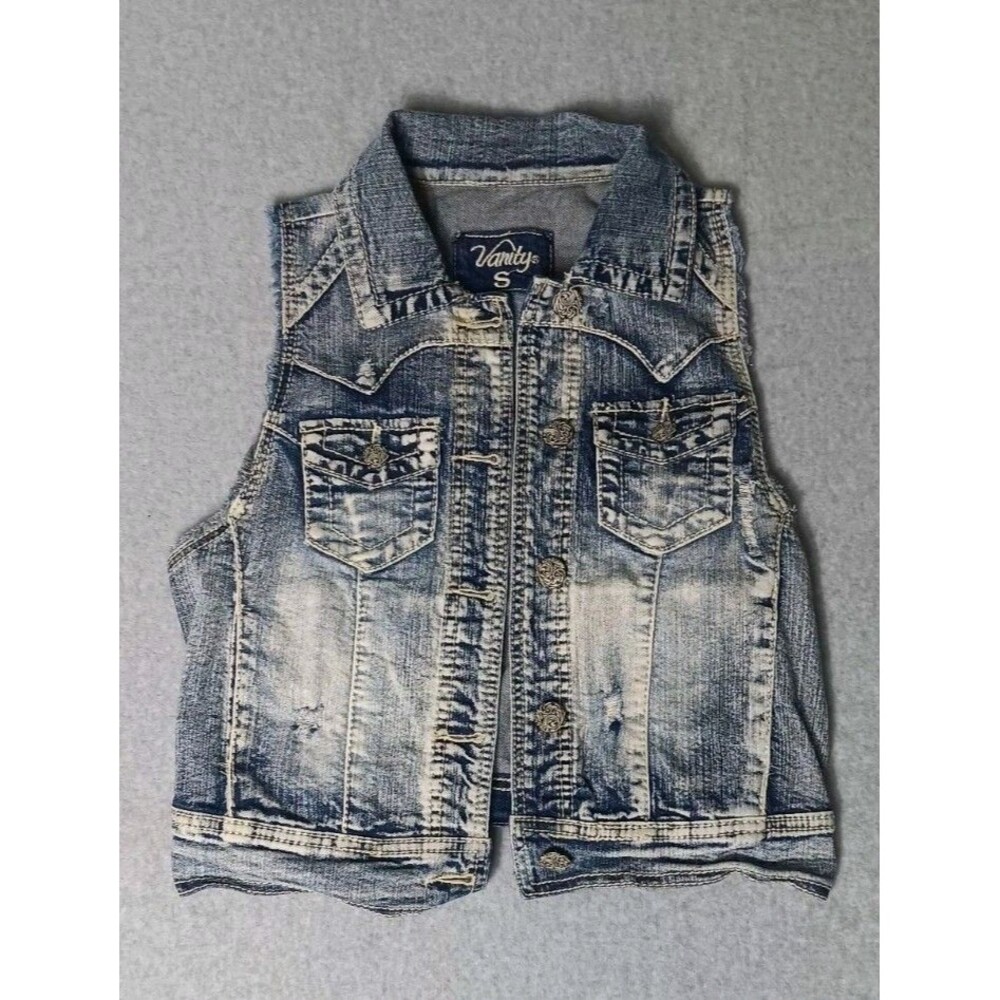 Vintage Vanity Womens Denim Jean Vest Jacket Size Small Two Pockets Button Up...